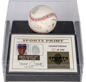 Ernie Banks Autographed Baseball with Ernie Banks Thumbprint in Case Display (LE 67/200) (PSA/DNA)